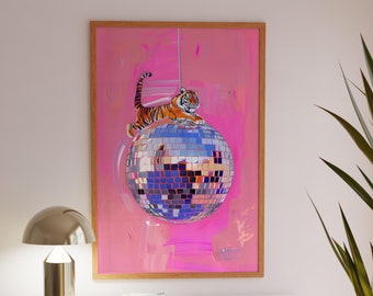 Tiger on Disco Ball Art Print: Retro Animal Theme