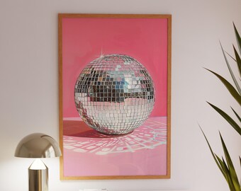 Pink Disco Ball Art Print: Modern Retro 70s Home Decor