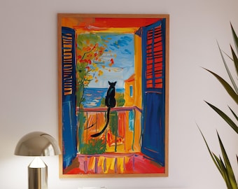 Mediterranean Cat Art Print: Colorful Balcony Landscape