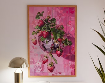 Strawberry Disco Ball Print: Vintage Coquette Wall Art