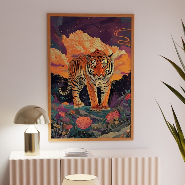 Trendy Decor, Tiger Posters, Tiger Painting, Maximalist Bedroom Wall Art, Landscape, Preppy Wall Art, Digital Art