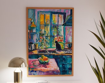 Colorful Kitchen Art Print: Black Cat, Matisse Style Landscape Poster