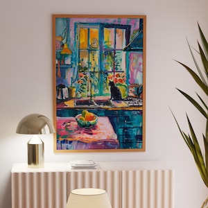 Kleurrijke keuken, raamscène met zwarte kat, levendige woondecoratiekunst, Matisse kunst aan de muur, landschapsposter