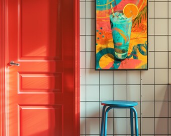 Abstract Cocktail Art Poster | Retro Bar Decor Turquoise Coral Mustard