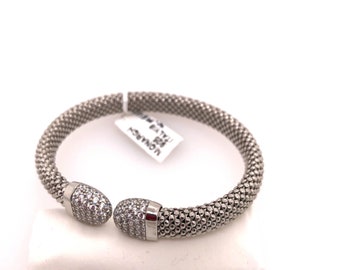 Italian .925 Sterling Silver, mesh bangle cuff bracelet with Swarovski Crystals.