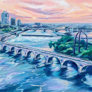Stone Arch Bridge Minneapolis, Minnesota at Dusk colorful landscape Archival Paper Print