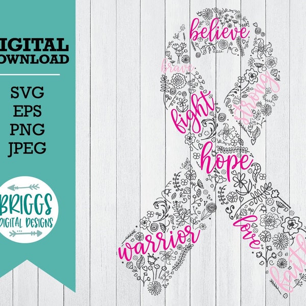 Floral Ribbon Sublimation PNG, cancer awareness svg, breast cancer svg, pink ribbon svg, breast cancer ribbon svg