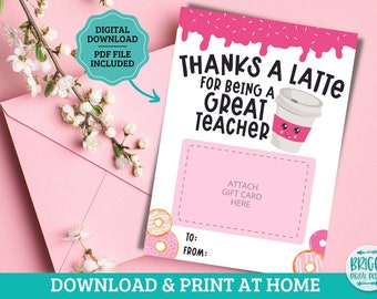 Afdrukbare cadeaukaarthouder | Cadeau-ideeën voor leraren, Bedankt voor een Latte-cadeaukaarthouder, Waarderingskaart voor leraren, Bedankkaart voor leraren