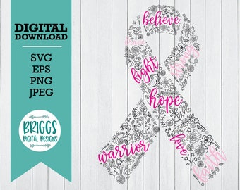 Floral Ribbon Sublimation PNG | cancer DTF file, cancer awareness svg, breast cancer svg, pink ribbon svg, breast cancer ribbon svg