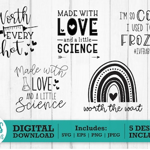 Paquete SVG de FIV / embarazo svg, pcos svg, Hecho con amor y ciencia SVG, infertilidad svg, FIV bebé svg, arco iris bebé svg, Bebé Onesie Svg