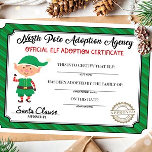Printable Elf Adoption Certificate, Christmas Printable, Elf Adoption Kit, North Pole Elf Adoption,