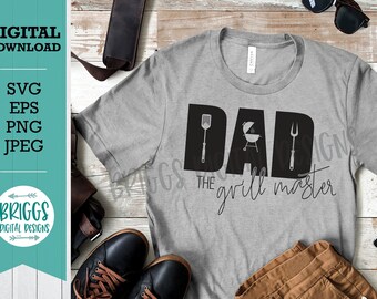 May include: A gray t-shirt with the text "DAD THE grill master" in black. The word "DAD" is made up of a spatula, a grill, and a fork.
