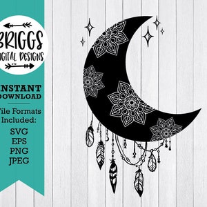Hoja de luna creciente svg / Mandala svg, Celestial svg, Boho svg, moon svg, moon and stars svg, boho svg, svg files for cricut, feather svg,