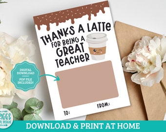 Afdrukbare cadeaukaarthouder | Cadeau-ideeën voor leraren, Bedankt voor een Latte-cadeaukaarthouder, Waarderingskaart voor leraren, Bedankkaart voor leraren
