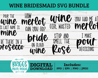 Paquete de archivos SVG para damas de honor con temática de vino / Fiesta nupcial, boda (descarga digital)
