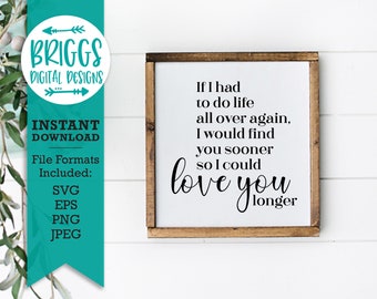 May include: A white wooden sign with a black inscription that reads "If I had to do life all over again, I would find you sooner so I could love you longer".