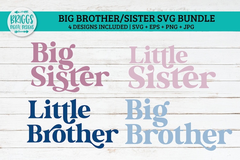 May include: Four digital designs for a big brother or sister. The designs feature the words "Big Sister", "Little Sister", "Big Brother", and "Little Brother" in a retro font style. The words are in pink, blue, and light blue.