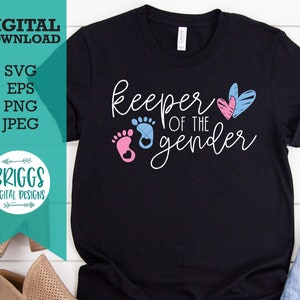 May include: A black t-shirt with the text "Keeper of the gender" in white script. There are two blue and pink footprints and two hearts in the design.