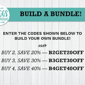 May include: A white background with black text that reads "BRIGGS DIGITAL DESIGNS" in a circle with arrows. The text "BUILD A BUNDLE!" is in a teal banner. Below the banner is more black text that reads "ENTER THE CODES SHOWN BELOW TO BUILD YOUR OWN BUNDLE!" and then a list of discount codes: "BUY 2, SAVE 20% - B2GET20OFF", "BUY 3, SAVE 30% - B3GET30OFF", "BUY 4, SAVE 40% - B4GET40OFF".