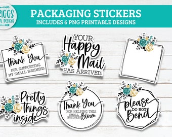 Small business sticker bundle | 6 Sticker bundle, packaging stickers, print and cut stickers, thank you sticker, floral sticker png