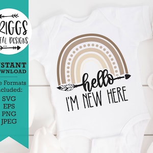 Boho Baby Strampelanzug SVG | Hallo ich bin neu hier svg, Boho Pfeil svg, Regenbogen Baby svg, das Warten lohnt sich svg, Baby Strampelanzug svg, Boho Regenbogen svg
