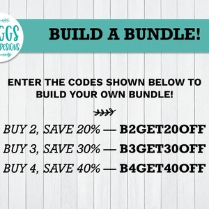 May include: A white background with black text that reads "BRIGGS DIGITAL DESIGNS" in a circle with arrows. The text "BUILD A BUNDLE!" is in a teal banner. Below the banner is more black text that reads "ENTER THE CODES SHOWN BELOW TO BUILD YOUR OWN BUNDLE!" and then a list of discount codes: "BUY 2, SAVE 20% - B2GET20OFF", "BUY 3, SAVE 30% - B3GET30OFF", "BUY 4, SAVE 40% - B4GET40OFF".