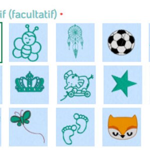 May include: A collection of 15 different embroidery designs, including a bee, a dreamcatcher, a football, eyelashes, a heart, a crown, an elephant, a star, a bow, a teddy bear, a butterfly, footprints, and a fox. The designs are all in a teal blue colour.