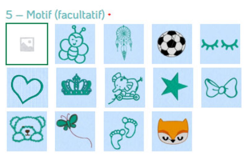 May include: A collection of 15 different embroidery designs, including a bee, a dreamcatcher, a football, eyelashes, a heart, a crown, an elephant, a star, a bow, a teddy bear, a butterfly, footprints, and a fox. The designs are all in a teal blue colour.