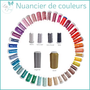 May include: A colour chart with thread spools in various colours, including white, grey, black, red, orange, yellow, green, blue, purple, and pink. The chart is labelled "Nuancier de couleurs" in French.
