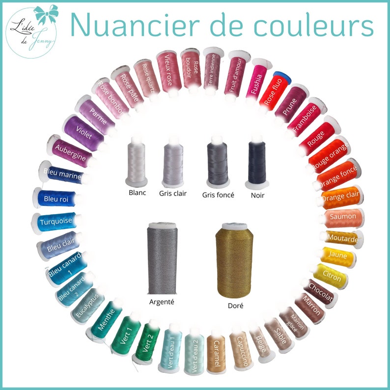 May include: A colour chart with thread spools in various colours, including white, grey, black, red, orange, yellow, green, blue, purple, and pink. The chart is labelled "Nuancier de couleurs" in French.