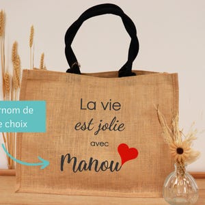 Sac Cabas en Jute Personnalisé avec Broderie - Cadeau Fête des Mamies - Cabas en Jute Brodé Prénom - Idée Cadeau