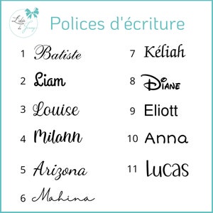 May include: A graphic showing 11 different fonts, each with a number and a name. The fonts are: 1 Batiste, 2 Liam, 3 Louise, 4 Milanh, 5 Arizona, 6 Mahina, 7 K&eacute;liah, 8 DIANE, 9 Eliott, 10 Anna, 11 Lucas.