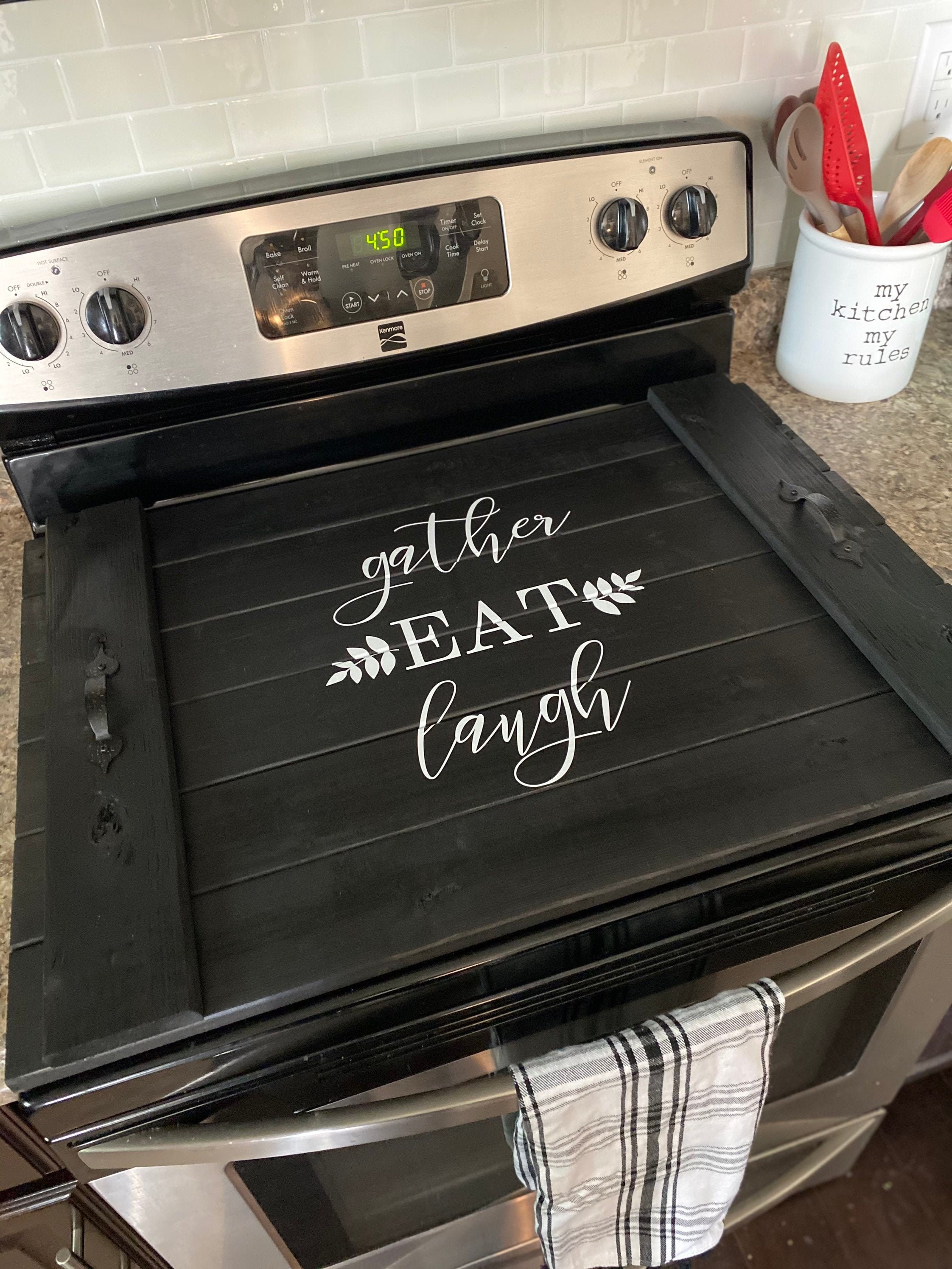 Handmade Industrial Farmhouse Stove Top Cover Noodle Board / Serving Tray  Red Chestnut with Black Handles