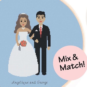 Peut inclure: Un ensemble de broderie au point de croix avec trois couples différents, chacun avec une coiffure et un style vestimentaire uniques. L'ensemble comprend 6 robes de mariée, 6 costumes de marié, 8 coiffures de mariée, 8 coiffures de marié, 1 alphabet en point arrière et des suggestions de couleurs de fils. Le texte "Mix & Match!" est affiché dans un cercle rose.