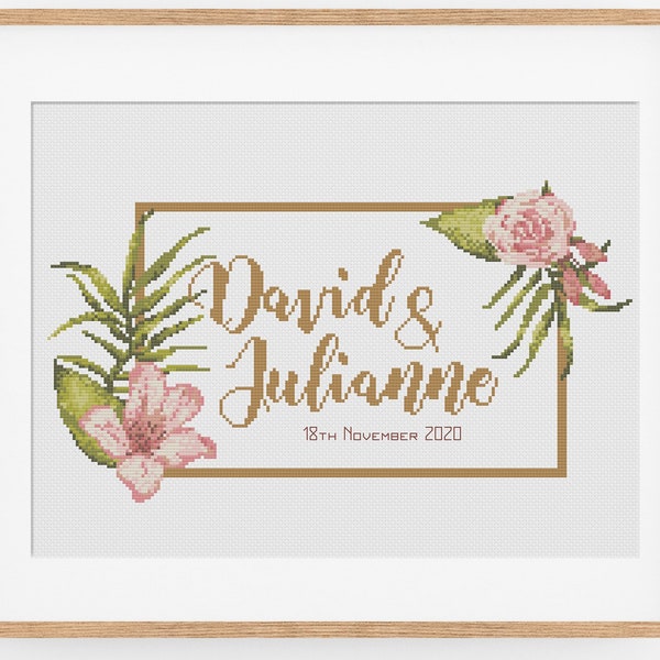 Tropical Wedding Cross Stitch Pattern - Modern Wedding Cross Stitch Pattern for Personalization - Date Cross Stitch Pattern PDF Download