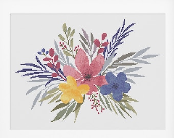 Watercolor Floral Bouquet Cross Stitch Pattern - Watercolour style Cross Stitch Pattern Instant Download. Floral Wreath Cross Stitch Pattern
