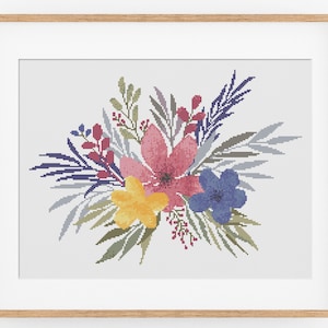 水彩画の花束のクロスステッチパターン - 水彩画スタイルのクロスステッチパターンの即時ダウンロード。花輪のクロスステッチパターン