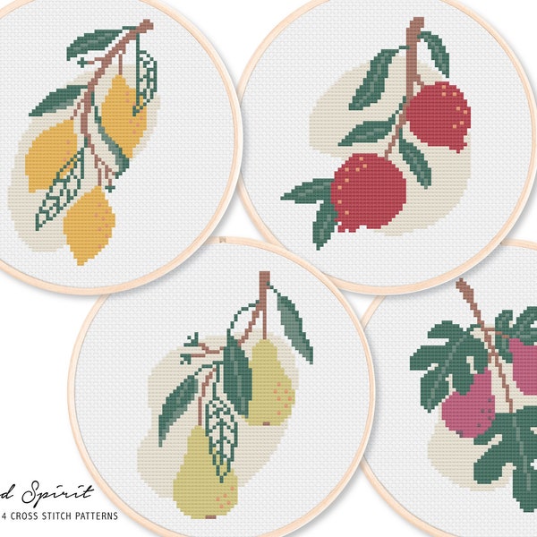 Set of 4 Cross Stitch Patterns - Abstract Cross Stitch Patterns / Still Life Cross Stitch Chart / Gift Cross Stitch PDF / Beautiful Fruit