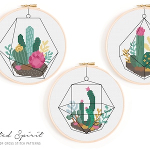 Conjunto de 3 Patrones de Punto de Cruz - Patrón de Punto de Cruz Terrario. Cuadro Punto de Cruz Suculentas / PDF Punto de Cruz Cactus / Plantas de Interior
