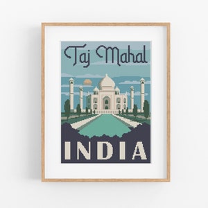 May include: A vintage-style travel poster featuring the Taj Mahal in India. The poster has a blue background with white text that reads "Taj Mahal" and "INDIA".