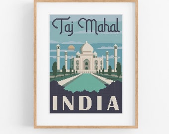 Vintage Travel India Cross Stitch Pattern - Taj Mahal Cross Stitch Pattern PDF Instant Download. Vintage Travel Indian Poster - East Asia