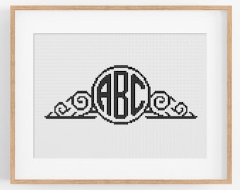 Art Deco Initial Monogram Cross Stitch Pattern - Black Frame with Cross Stitch Alphabet for adding Initials, Customize Your Own Pattern