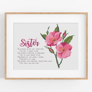 Pfingstrosen für Schwester Kreuzstichmuster - Geschenk für Schwester Kreuzstichmuster PDF sofortiger Download - Schwester Geschenk Gedicht Kreuzstich