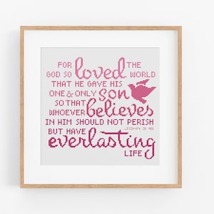 Christian Cross Stitch Pattern - John 3:16 'For God so Loved the World' Cross Stitch Pattern PDF Instant Download. Bible Verse Sampler.