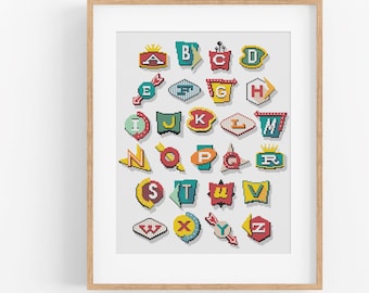 Motel Alphabet - Full Alphabet Cross Stitch Pattern - 60s Retro Cross Stitch Alphabet - 1960s Large-Sized Cross Stitch Font Pattern