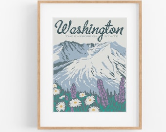 Vintage Travel 'Washington' Cross Stitch Pattern - Vintage Style Mount St Helens Cross Stitch Pattern Instant Download. Vintage Travel Art