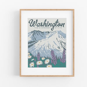 Vintage Travel 'Washington' Cross Stitch Pattern - Vintage Style Mount St Helens Cross Stitch Pattern Instant Download. Vintage Travel Art