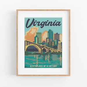 Vintage Travel Virginia Cross Stitch Pattern - Vintage Style VA Cross Stitch Pattern PDF Instant Download. Richmond Virginia Cross Stitch