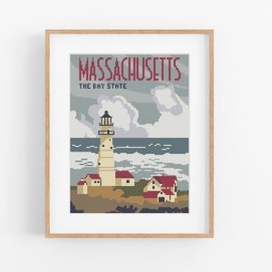 Patrón de punto de cruz "Massachusetts" de viaje vintage - Patrón de punto de cruz de faro estilo vintage en PDF, descarga instantánea. Patrón costero de Massachusetts.