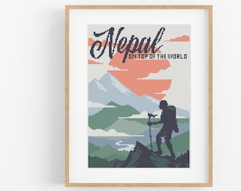 Vintage Travel Nepal Cross Stitch Pattern - Vintage Style Everest Cross Stitch Pattern PDF Instant Download. Vintage Travel Mountain Hiking